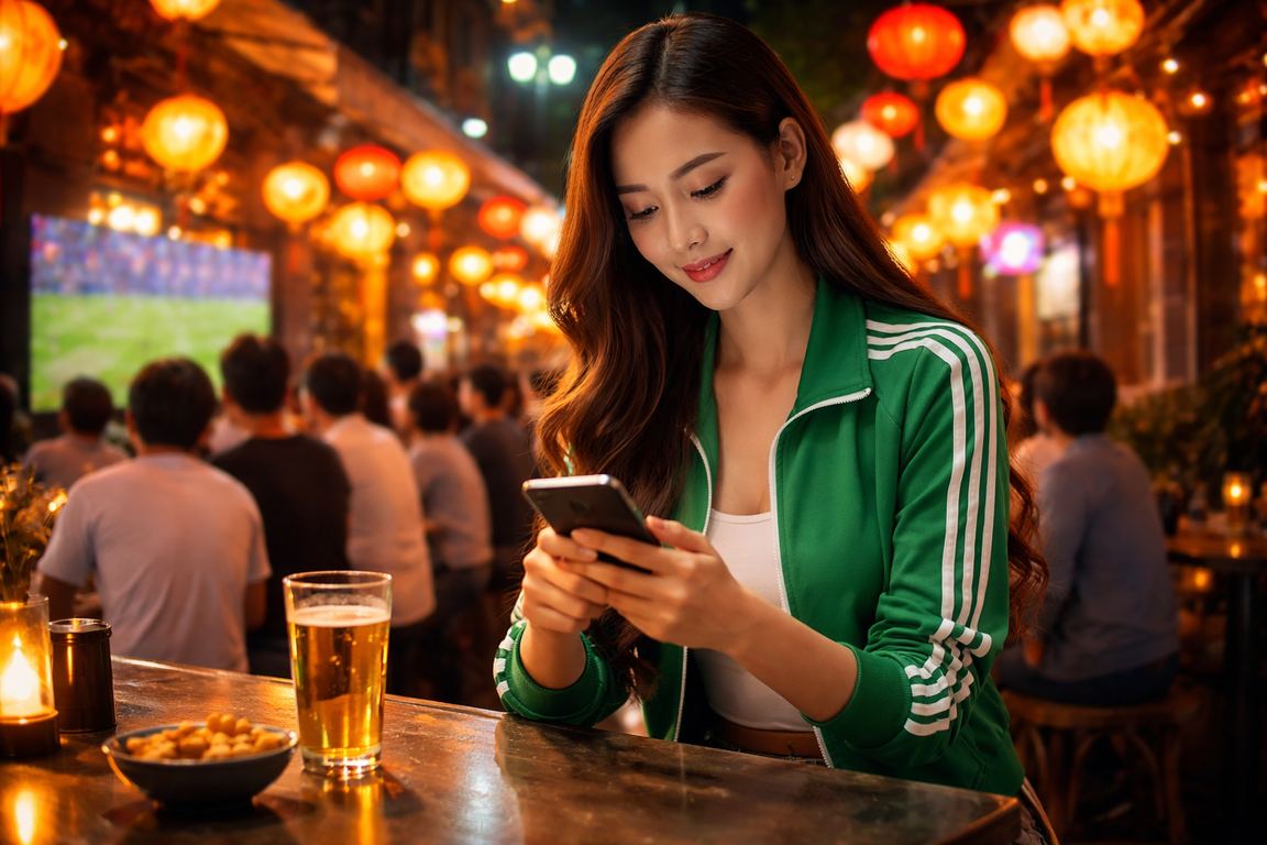 Người hâm mộ bóng đá tại Hà Nội xem trận đấu và đặt cược qua điện thoại dưới ánh đèn lồng